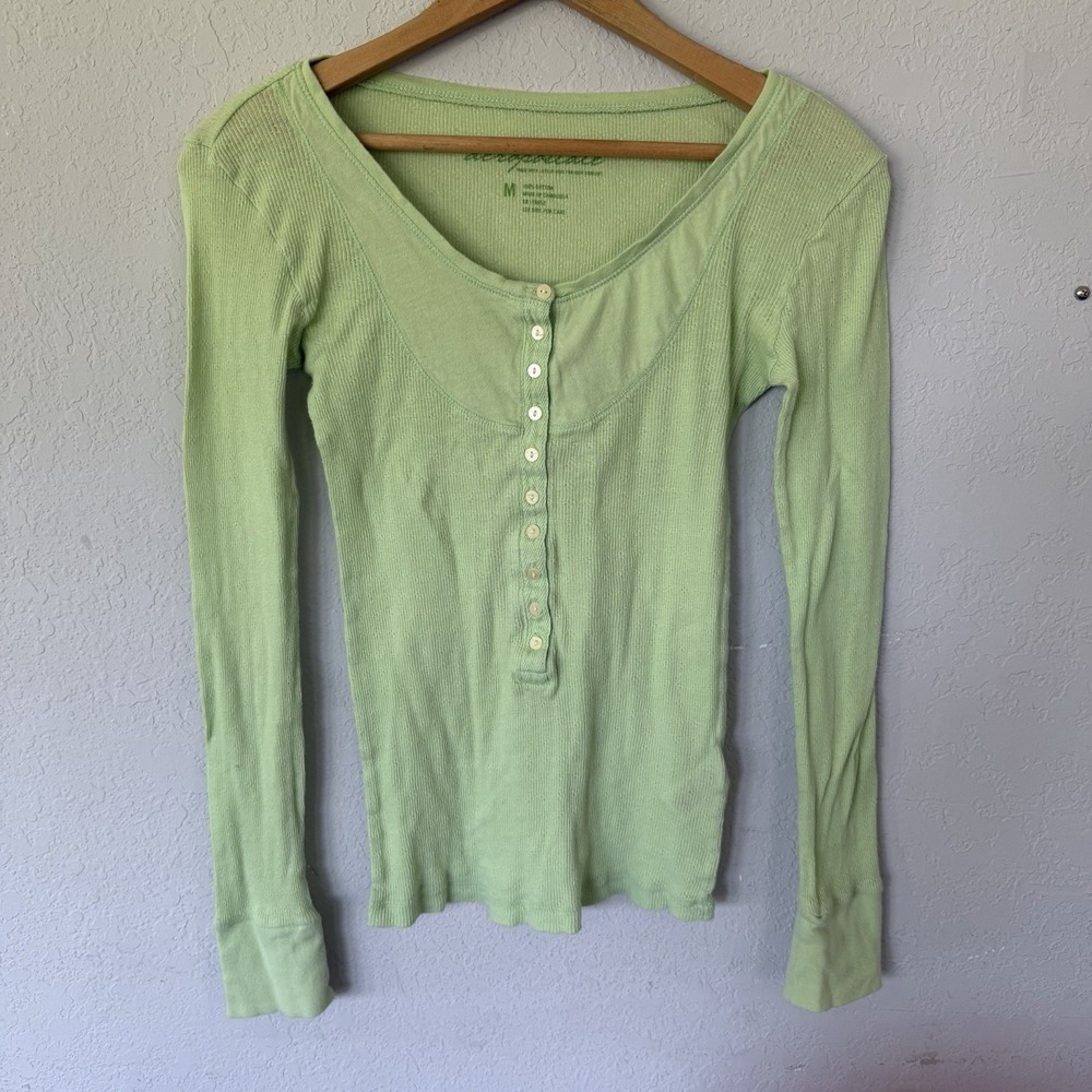 Y2K Bella Swan Aeropostale Womens Lime Green Ribbed Henley Long Sleeve Stretch M